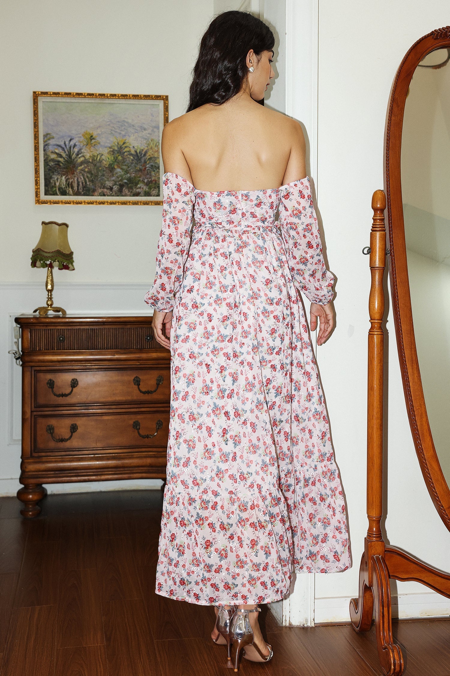 Floral Lantern Sleeve Off-shoulder Ruffle Hem Slit Maxi Dress